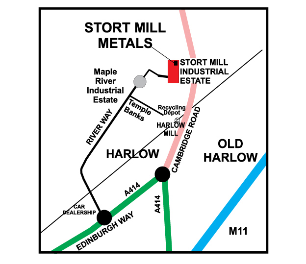 Image of a map showing the location of our Harlow scrap metal yard
